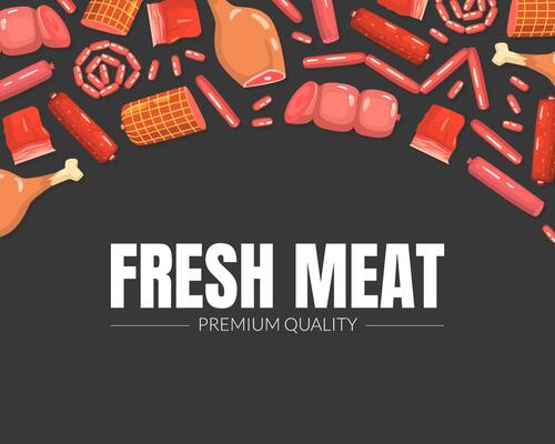 Fresh Meat Banner Template, Meat Delicatessen and Butchery Products Pattern Illustration