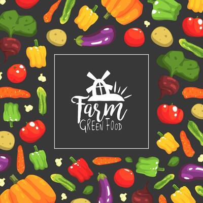 Farm Green Food Banner Template with Fresh Ripe Organic Vegetables Pattern Illustration