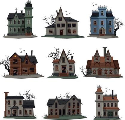 Scary Abandoned Houses Collection, Halloween Haunted Mansions with Boarded Up Windows, Creepy Trees and Birds Flying Around Illustration