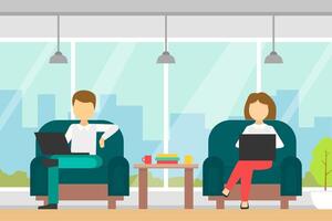 Coworking Space with People Sitting in Armchairs with Laptop Computers, Business Team Working Together in Coworking Open Office Illustration vector