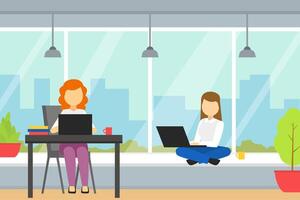 People Working Together in Coworking Open Office with Laptop Computers, Businesswoman Shared Working Environment Illustration vector