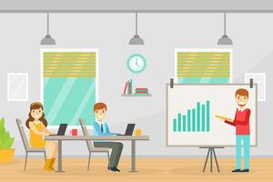 Business Meeting, Businessman Reporting Standing at Presentation Board, Team Working Together in Coworking Open Office Illustration vector