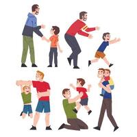 Fathers and Sons Having Good Time Together Set, Dads and Sons Playing and Having Fun Cartoon Style Illustration vector