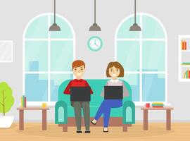 Coworking Space with People Sitting of Sofa with Laptop Computers, Business Team Working Together in Coworking Open Office Illustration vector