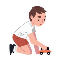 Happy Little Boy Sitting on Floor Playing with Toy Car Cartoon Style Illustration on White Background vector