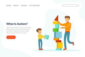 What is Autism Landing Page Template, Cute Boy with Mental Disorder Building Tower of Blocks with Father or Tutor Cartoon Illustration vector