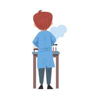 Back View of Chemist Scientist, Doctor or Student Character in Lab Coat Working at Medical or Researching Laboratory Cartoon Style Illustration vector