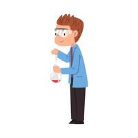 Male Chemist Scientist, Student Character in Lab Coat and Glasses Doing Researching Experiment in Laboratory Cartoon Style Illustration vector