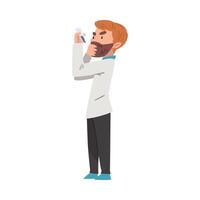 Male Chemist Holding Test Flask, Man Scientist Character in Lab Coat Doing Chemical Experiment in Laboratory Cartoon Style Illustration vector