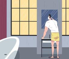Man Shaving in front of Toilet Mirror, Daily Routine, Hygiene Procedures in Bathroom Cartoon Illustration vector