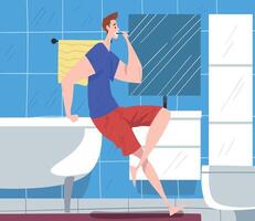 Man Sitting on Edge of Bathtub in front of Mirror and Brushing His Teeth, Daily Routine, Hygiene Procedures in Bathroom Cartoon Illustration vector