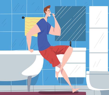 Man Sitting on Edge of Bathtub in front of Mirror and Brushing His Teeth, Daily Routine, Hygiene Procedures in Bathroom Cartoon Illustration