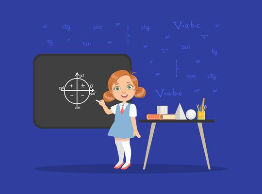 Cute Girl Drawing Geometric Shapes on Blackboard, School Student Learning Geometry Illustration