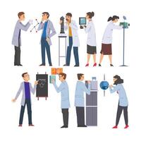 Scientists, Engineers or Programmers in Lab Set, Men and Women in White Coats Doing Medical, Physical, Chemical Researches with Laboratory Equipment Illustration vector