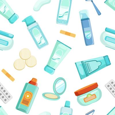 Beauty Cosmetic Products Seamless Pattern, Skin Care Design Element Can Be Used for Fabric, Wallpaper, Packaging, Web Page Illustration