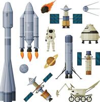 Astronaut, Space Objects and Cosmos Exploration Equipment Collection, Astronautics and Space Technology Theme Flat Illustration on White Background vector