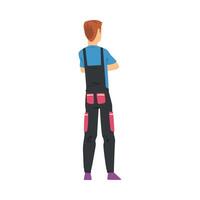 Back View of Guy Worker Character in Overalls, Young Man Viewed from Behind Standing with Crossed Arms and Looking at Something Cartoon Style Illustration vector