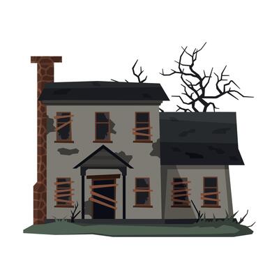 Scary Mansion, Abandoned Two Storey House Building with Boarded Up Windows and Creepy Trees Illustration on White Background
