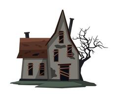 Scary Abandoned House, Halloween Haunted Cottage with Boarded Up Windows and Creepy Tree Illustration on White Background vector
