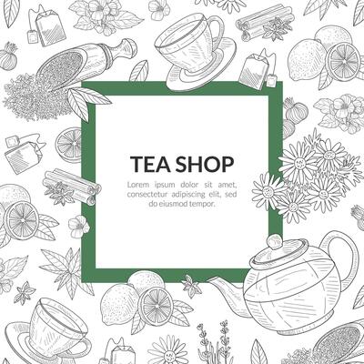 Tea Shop Banner Template with Space for Text, Healthy Drinks of Wild Flowers and Herbs Hand Drawn Illustration