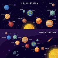 Solar System Banner Set, Earth, Saturn, Mercury, Venus, Earth, Mars, Jupiter, Saturn, Uranus, Neptune, Pluto, Moon Planets in Galaxy Universe Illustration vector