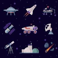 Space Objects Set, Cosmos Exploration, Space Industry Concept, Rocket, Rover, Artificial Satellite, Observatory, Illustration vector