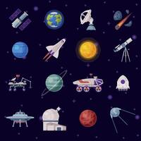 Space Objects Set, Cosmos Exploration, Space Industry Concept, Rocket, Rover, Artificial Satellite, Ufo, Planets Illustration vector
