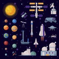 Space Objects Collection, Solar System Planets, Rocket, Shuttle, Rover, Artificial Satellite, Observatory, Spaceport, Space Industry Concept Illustration vector