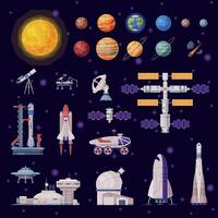 Space Objects Collection, Solar System Planets, Rocket, Shuttle, Rover, Artificial Satellite, , Space Industry Concept Illustration vector