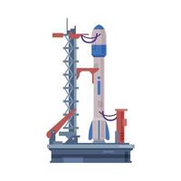 Spaceship on Starting Platform, Start Rocket from Spaceport Flat Style Illustration on White Background vector