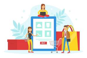 Tiny Customers Ordering and Buying Goods Using Mobile App, Online Shopping, E-commerce Concept Flat Illustration vector