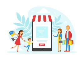 Tiny Customers Ordering and Buying Goods Using Smartphone, Online Shopping, E-commerce Concept Flat Illustration vector