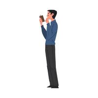 Side View of Young Man Reading Book while Standing, Male Student Character Studying or Preparing for Exam, Book Lover, Reader Cartoon Style Illustration vector