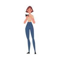 Girl Reading Book while Standing, Front View of Female Student Character Studying or Preparing for Exam, Book Lover, Reader Cartoon Style Illustration vector