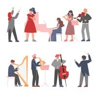 Musician Characters Playing Musical Instruments Set, Playing Violin, Classical Instrumental Symphony Orchestra Performers Flat Style Illustration vector
