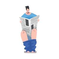 Man Sitting on Toilet Bowl and Reading Newspaper, Daily Routine Hygienic Procedure Cartoon Style Illustration vector
