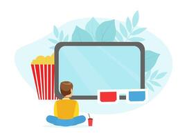 Back View of Tiny Boy Sitting on Floor and Watching Movie on Huge Screen Cartoon Illustration vector