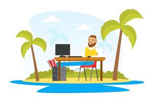 Office Worker Using Computer at Workplace on Background of Tropical Island, Workspace Interior, Freelance, E-learning, Remote Work Concept Flat Illustration vector