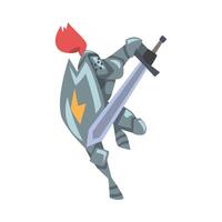 Medieval Knight, Chivalry Warrior Character in Full Metal Body Armor Running with Shield and Sword Cartoon Style Illustration vector