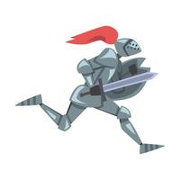 Side View of Running Medieval Knight, Chivalry Warrior Character in Full Metal Body Armor with Shield and Sword Cartoon Style Illustration vector