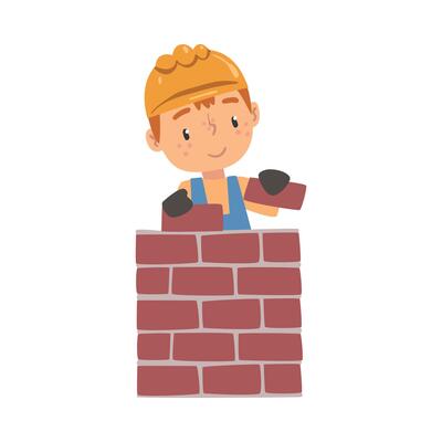 Boy Construction Worker Laying Bricks in Wall, Cute Little Builder Character Wearing Blue Overalls and Hard Hat Cartoon Style Illustration