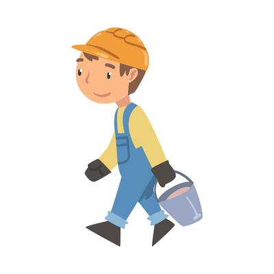 Boy Construction Worker Carrying Bucket, Cute Little Builder Character Wearing Blue Overalls and Hard Hat with Construction Tool Cartoon Style Illustration
