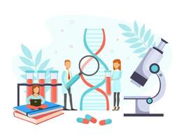 Tiny Doctors Making Blood Laboratory Analysis with Microscope, Doctors Doing Medical Research in Lab Flat Illustration vector
