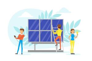 People Taking Care about Ecology and Using Alternative Source of Energy, Environment Protection Concept Flat Illustration vector