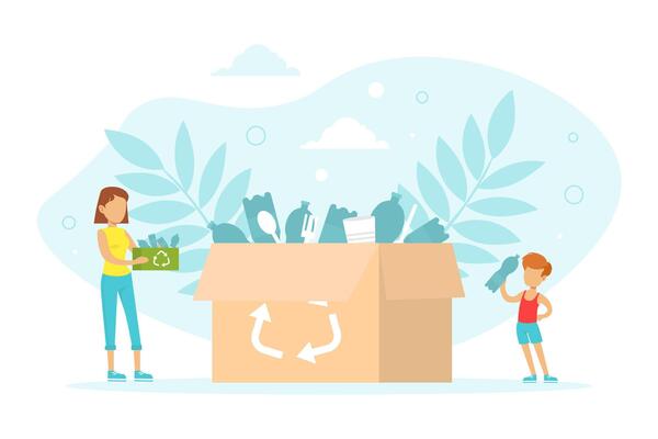 Tiny People Collecting Plastic Garbage into Cardboard Box for Recycling, Ecology and Environment Protection Concept Flat Illustration