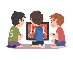 Boys Sitting in front of Computer Screen Playing Game, Children Having Fun Together with Computer Gaming Cartoon Style Illustration vector