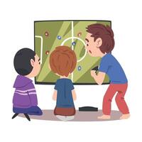 Boys Sitting in front of Huge Screen Playing Soccer Game, Children Having Fun Together with Computer Gaming Cartoon Style Illustration vector