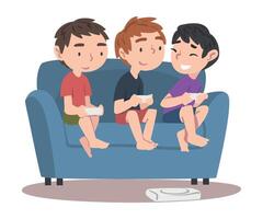 Boys Sitting on Sofa Playing Game, Children Having Fun Together with Computer Gaming Cartoon Style Illustration vector