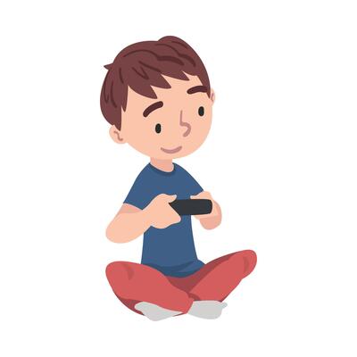 Cute Boy Sitting on Floor Playing Game, Teenage Kid Holding Controller Cartoon Style Illustration