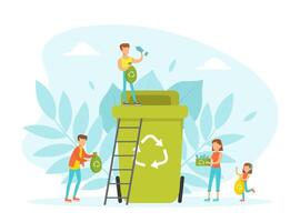 Tiny People Collecting and Throwing Plastic Garbage into Trash Bins, Ecology and Environment Protection Concept Flat Illustrationv vector